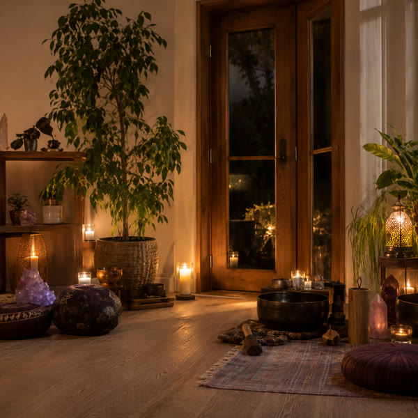 A candle-lit room prepared for a sound session