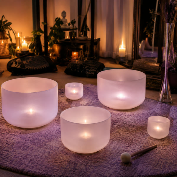 Crystal singing bowls glowing among candles