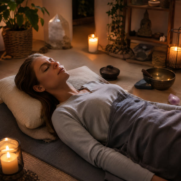 A person resting during a sound bath